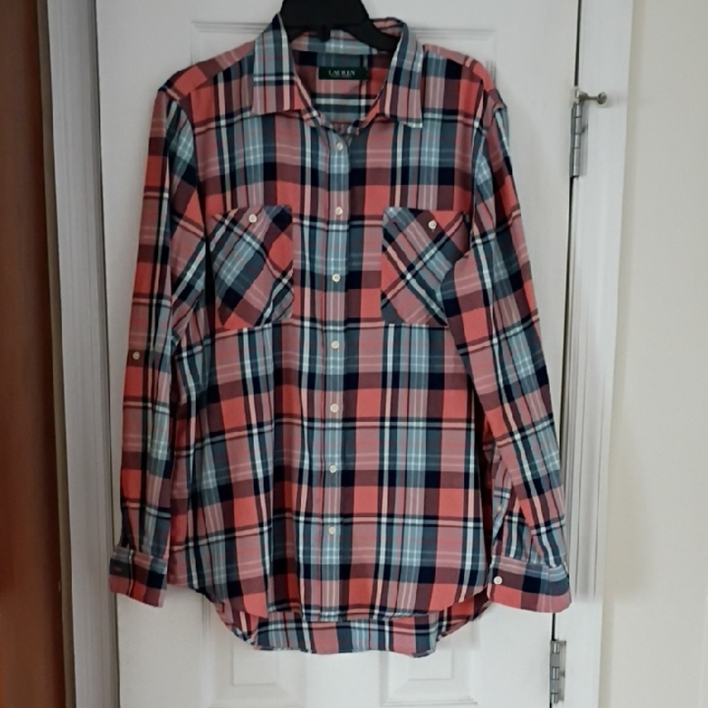 Ralph Lauren Women's Plaid Oxford Button Down Shirt, XL